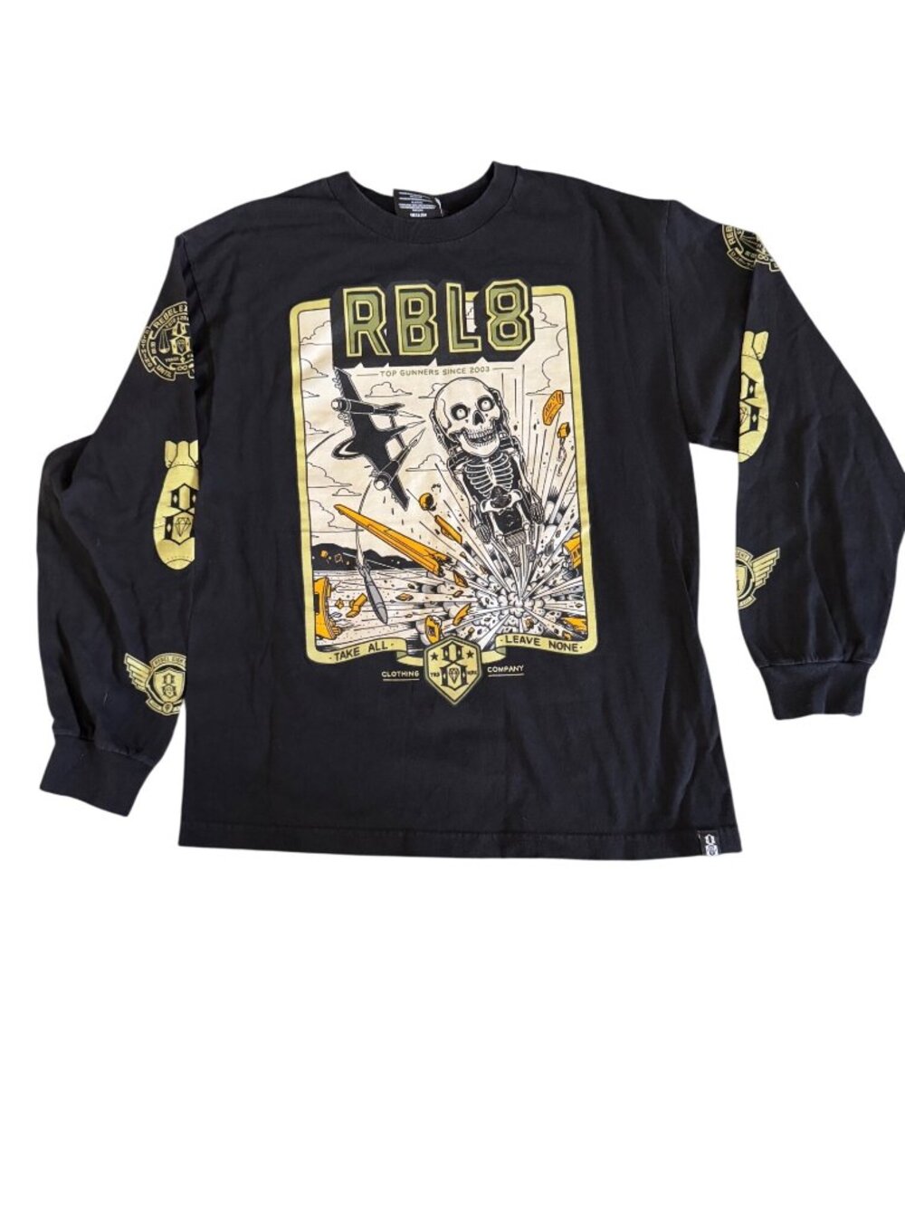 RBL8 Graphic Black Long Sleeve Shirt Medium Top Gunners Skeleton Design